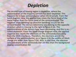 Depletion
The second type of biasing region is depletion, where the
concentration of the majority carriers has been depleted. This
happens for n-type semiconductor when VG<0 (small). From the
band diagram view, the applied bias raises the Fermi level of the
metal higher than the Fermi level of the semiconductor. The
negative slope bending (up direction bending) occurs for the
semiconductor. The donors (electrons) are moving to the opposite
direction which is moving to the right in figure 4 (a). The
concentrations of the donors have been decreasing, and this is so-
called depletion. From the block charge diagram view, the applied
negative bias repels the electrons on the semiconductors away
from the MOS interfaces. Therefore, the electrons are on the
surface of the semiconductor, so in figure 4 (b) the widths of block
charge are wider than figure 3 (b). Also, in this case, the electron
concentrations of the semiconductor are less than the background
doping concentration ND
 