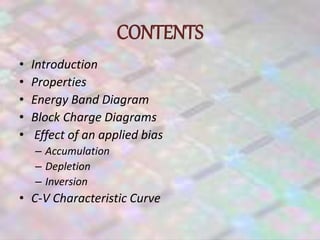 CONTENTS
• Introduction
• Properties
• Energy Band Diagram
• Block Charge Diagrams
• Effect of an applied bias
– Accumulation
– Depletion
– Inversion
• C-V Characteristic Curve
 