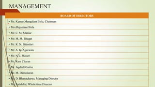 MANAGEMENT
BOARD OF DIRECTORS
• Mr. Kumar Mangalam Birla, Chairman
• Mrs.Rajashree Birla
• Mr. C. M. Maniar
• Mr. M. M. Bhagat
• Mr. K. N. Bhandari
• Mr. A. K. Agarwala
• Mr. N. J. Jhaveri
• Mr. Ram Charan
• Mr. JagdishKhattar
• Mr. M. Damodaran
• Mr. D. Bhattacharya, Managing Director
• Mr. SatishPai, Whole time Director
 