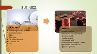 BUSINESS
ALUMINIUM
• Aluminas grade and hydrates
• Aluminium ingots
• Billets
• Wire rods
• Flat rolled products
• Extrusions and
• Foil
COPPER
• copper cathodes
• continuous cast copper rods
• precious metals
• sulphuric acid,
• phosphoric acid,
• di-ammonium phospate (DAP)
• phosphoric fertilisers, and
• phospho gypsum.
 