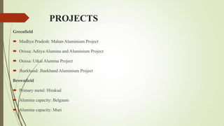 PROJECTS
Greenfield
 Madhya Pradesh: Mahan Aluminium Project
 Orissa: Aditya Alumina and Aluminium Project
 Orissa: Utkal Alumina Project
 Jharkhand: Jharkhand Aluminium Project
Brownfield
 Primary metal: Hirakud
 Alumina capacity: Belgaum
 Alumina capacity: Muri
 