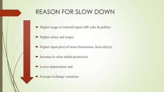REASON FOR SLOW DOWN
 Higher usage of external inputs (BF coke & pellets)
 Higher salary and wages
 Higher input price of items (limestones, ferro alloys)
 Increase in value added production
 Lower depreciation and
 Foreign exchange variations
 