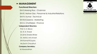  MANAGEMENT
Functional Directors:
Shri S.Narsing Rao : Chairman
Shri R. Mohan Das : Personnel & Industrial Relations
Shri N. Kumar : Technical
Shri B.K.Saxena : Marketing
Shri A. Chatterjee : Finance
Independent Directors:
Prof. S. K. Barua
Dr. R. N. Trivedi
Dr.(Smt) Sheela Bhide
Dr. Mohd. Anis Ansari
Shri Kamal R.Gupta
Ms.Sachi Chaudhuri
Company Secretary:
M.Viswanathan
 