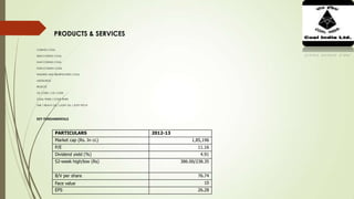 PRODUCTS & SERVICES
COKING COAL
SEMI COKING COAL
NLW COKING COAL
NON-COKING COAL
WASHED AND BENEFICIATED COAL
MIDDLINGS
REJECTS
CIL COKE / LTC COKE
COAL FINES / COKE FINES
TAR / HEAVY OIL / LIGHT OIL / SOFT PITCH
KEY FUNDAMENTALS
PARTICULARS 2012-13
Market cap (Rs. In cr.) 1,85,196
P/E 11.16
Dividend yield (%) 4.91
52-week high/low (Rs) 386.00/238.35
B/V per share 76.74
Face value 10
EPS 26.28
 