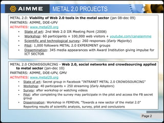 pág 2
METAL 2.0 PROJECTS
METAL 2.0: Viability of Web 2.0 tools in the metal sector (jan 08-dec 09)
PARTNERS: AIMME, DOE-UP...
