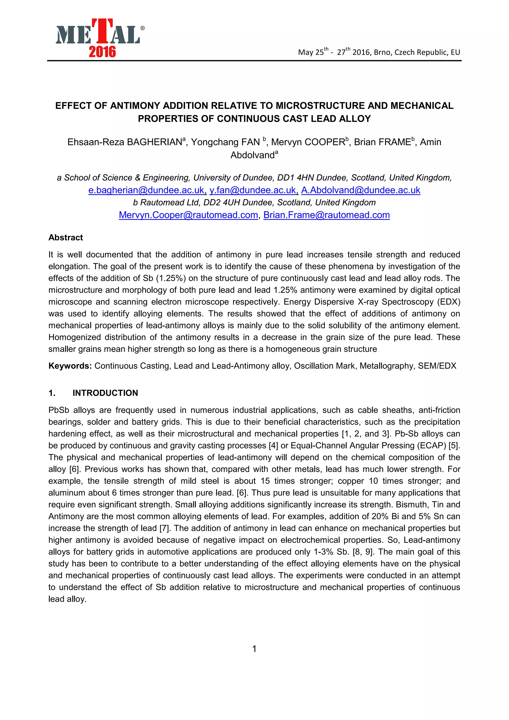 EFFECT OF ANTIMONY ADDITION RELATIVE TO MICROSTRUCTURE AND MECHANICAL PROPERTIES OF CONTINUOUS
