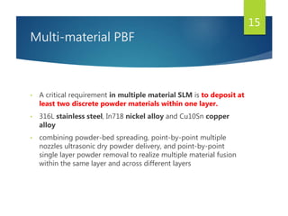 Multi-material PBF
• A critical requirement in multiple material SLM is to deposit at
least two discrete powder materials within one layer.
• 316L stainless steel, In718 nickel alloy and Cu10Sn copper
alloy
• combining powder-bed spreading, point-by-point multiple
nozzles ultrasonic dry powder delivery, and point-by-point
single layer powder removal to realize multiple material fusion
within the same layer and across different layers
15
 