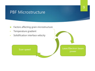 PBF Microstructure
 Factors affecting grain microstructure
 Temperature gradient
 Solidification interface velocity
Scan speed Laser/Electron beam
power
9
 