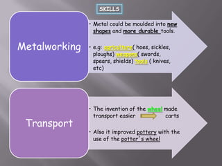 • Metal could be moulded into new
shapes and more durable tools.

Metalworking

Transport

• e.g: agriculture( hoes, sickles,
ploughs) weapons( swords,
spears, shields) tools ( knives,
etc)

• The invention of the wheel made
transport easier
carts
• Also it improved pottery with the
use of the potter´s wheel

 