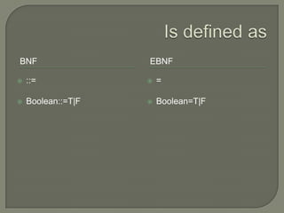Is defined asBNFEBNF::=Boolean::=T|F=Boolean=T|F
