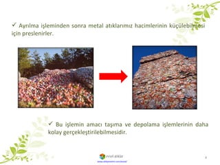 Ayrılma işleminden sonra metal atıklarımız hacimlerinin küçülebilmesi için preslenirler.  Bu işlemin amacı taşıma ve depolama işlemlerinin daha kolay gerçekleştirilebilmesidir. www.atikyonetim.com/evsel/ 