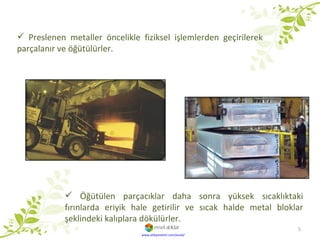 Preslenen metaller öncelikle fiziksel işlemlerden geçirilerek parçalanır ve öğütülürler. Öğütülen parçacıklar daha sonra yüksek sıcaklıktaki fırınlarda eriyik hale getirilir ve sıcak halde metal bloklar şeklindeki kalıplara dökülürler. www.atikyonetim.com/evsel/ 