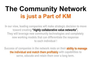 The Community Network is just a Part of KM In our view, leading companies will make strategic decision to move toward creating  “ highly collaborative value networks ”.   They will leverage new community technologies and completely  new working models that can differentiate the response  to each individual ! Success of companies in the network rests on their ability to manage the individual and match them profitably with capabilities to serve, educate and retain them over a long term.  ability to manage the individual and match them profitably 