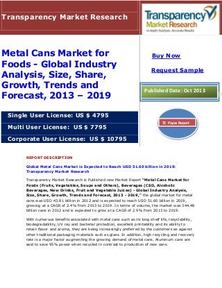Transparency Market Research

Metal Cans Market for
Foods - Global Industry
Analysis, Size, Share,
Growth, Trends and
Forecast, 2013 – 2019

Buy Now
Request Sample

Published Date: Oct 2013

Single User License: US $ 4795
Multi User License: US $ 7795

72 Pages Report

Corporate User License: US $ 10795
REPORT DESCRIPTION
Global Metal Cans Market is Expected to Reach USD 51.60 billion in 2019:
Transparency Market Research
Transparency Market Research is Published new Market Report “Metal Cans Market for
Foods (Fruits, Vegetables, Soups and Others), Beverages (CSD, Alcoholic
Beverages, New Drinks, Fruit and Vegetable Juices) - Global Industry Analysis,
Size, Share, Growth, Trends and Forecast, 2013 - 2019," the global market for metal
cans was USD 43.81 billion in 2012 and is expected to reach USD 51.60 billion in 2019,
growing at a CAGR of 2.4% from 2013 to 2019. In terms of volume, the market was 344.48
billion cans in 2012 and is expected to grow at a CAGR of 2.9% from 2013 to 2019.
With numerous benefits associated with metal cans such as its long shelf life, recyclability,
biodegradability, UV ray and bacterial protection, excellent printability and its ability to
retain flavor and aroma, they are being increasingly preferred by the customers as against
other traditional packaging materials such as glass. In addition, high recycling and recovery
rate is a major factor augmenting the growing demand of metal cans. Aluminum cans are
said to save 95% power when recycled in contrast to production of new cans.

 