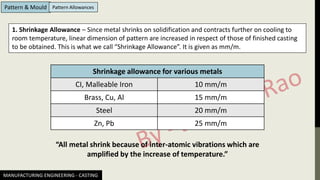 MANUFACTURING ENGINEERING - CASTING
Pattern & Mould Pattern Allowances
1. Shrinkage Allowance – Since metal shrinks on solidification and contracts further on cooling to
room temperature, linear dimension of pattern are increased in respect of those of finished casting
to be obtained. This is what we call “Shrinkage Allowance”. It is given as mm/m.
Shrinkage allowance for various metals
CI, Malleable Iron 10 mm/m
Brass, Cu, Al 15 mm/m
Steel 20 mm/m
Zn, Pb 25 mm/m
“All metal shrink because of inter-atomic vibrations which are
amplified by the increase of temperature.”
 