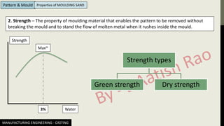 MANUFACTURING ENGINEERING - CASTING
Pattern & Mould Properties of MOULDING SAND
2. Strength – The property of moulding material that enables the pattern to be removed without
breaking the mould and to stand the flow of molten metal when it rushes inside the mould.
Strength
Water
3%
Maxm
Strength types
Green strength Dry strength
 