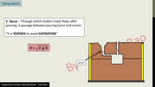 MANUFACTURING ENGINEERING - CASTING
Gating System
2. Sprue – Through which molten metal flows after
pouring. A passage between pouring basin and runner.
“It is TAPERED to avoid ASPIRATION”
Sprue
V = 𝟐 𝒈 𝒉
 