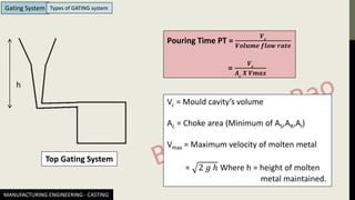 MANUFACTURING ENGINEERING - CASTING
Gating System Types of GATING system
Top Gating System
Pouring Time PT =
𝑽𝒄
𝑽𝒐𝒍𝒖𝒎𝒆 𝒇𝒍𝒐𝒘 𝒓𝒂𝒕𝒆
=
𝑽𝒄
𝑨𝒄
𝑿 𝑽𝒎𝒂𝒙
Vc = Mould cavity’s volume
Ac = Choke area (Minimum of AS,AR,AI)
Vmax = Maximum velocity of molten metal
= 2 𝑔 ℎ Where h = height of molten
metal maintained.
h
 