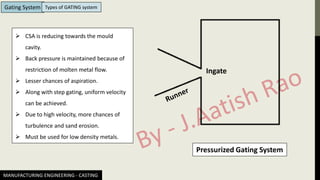 MANUFACTURING ENGINEERING - CASTING
Gating System Types of GATING system
Pressurized Gating System
Ingate
➢ CSA is reducing towards the mould
cavity.
➢ Back pressure is maintained because of
restriction of molten metal flow.
➢ Lesser chances of aspiration.
➢ Along with step gating, uniform velocity
can be achieved.
➢ Due to high velocity, more chances of
turbulence and sand erosion.
➢ Must be used for low density metals.
 