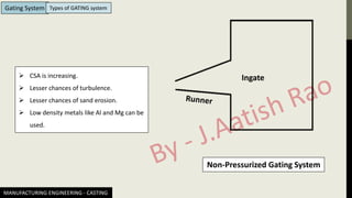 MANUFACTURING ENGINEERING - CASTING
Gating System Types of GATING system
Non-Pressurized Gating System
Ingate
➢ CSA is increasing.
➢ Lesser chances of turbulence.
➢ Lesser chances of sand erosion.
➢ Low density metals like Al and Mg can be
used.
 