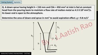 MANUFACTURING ENGINEERING - CASTING
Gating System
Q. A down sprue having height h = 150 mm and CSA = 450 mm2 at inlet is fed at constant
head from the pouring basin to maintain a flow rate of molten metal as 4.5 X 105 mm3/s.
Its lower end is open to the atmosphere.
Determine the area of down-end sprue in mm2 to avoid aspiration effect. g = 9.8 m/s2
A1
A2
h
h2
h1
Aspiration
 