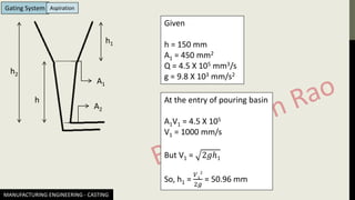 MANUFACTURING ENGINEERING - CASTING
Gating System
A1
A2
h
h2
h1
Given
h = 150 mm
A1 = 450 mm2
Q = 4.5 X 105 mm3/s
g = 9.8 X 103 mm/s2
At the entry of pouring basin
A1V1 = 4.5 X 105
V1 = 1000 mm/s
But V1 = 2𝑔ℎ1
So, h1 =
𝑉1
2
2𝑔
= 50.96 mm
Aspiration
 
