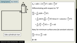 MANUFACTURING ENGINEERING - CASTING
Gating System Riser DESIGN
D
h
Side cylindrical riser
AS = πDh + 2 X
π
4
D2 = πDh +
π
2
D2
Differentiating with respect to “D”
𝑑𝐴𝑆
𝑑𝐷
=
𝑑
𝑑𝐷
(πDh +
π
2
D2)
=
𝑑
𝑑𝐷
(πD X
4𝑉
π𝐷2 +
π
2
D2) Since V = volume =
π
4
D2h
=
𝑑
𝑑𝐷
(
4𝑉
𝐷
+
π
2
D2) = -
4𝑉
𝐷2 + πD
Now, for minimum surface area (at constant volume)
𝑑𝐴𝑆
𝑑𝐷
= 0 i.e.
4𝑉
𝐷2 = πD
D = H
D
 