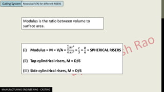 MANUFACTURING ENGINEERING - CASTING
Gating System Modulus (V/A) for different RISERS
(i) Modulus = M = V/A =
𝟒
𝟑
𝝅𝒓𝟑
𝟒 𝝅𝒓𝟐 =
𝒓
𝟑
=
𝑫
𝟔
= SPHERICAL RISERS
(ii) Top cylindrical risers, M = D/6
(iii) Side cylindrical risers, M = D/6
Modulus is the ratio between volume to
surface area.
 