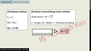 MANUFACTURING ENGINEERING - CASTING
Gating System Methods of RISER design
(ii) Modulus method
R ≥ C
MR
2 ≥ MC
2
MR = 1.2 MC
(iii) Novel research/Shape factor method
Shape factor = SF =
𝐿+𝑊
𝑡
L = Length, W = Width, t = Thickness of casting
L
D SF =
𝑳+𝑫
𝑫
 