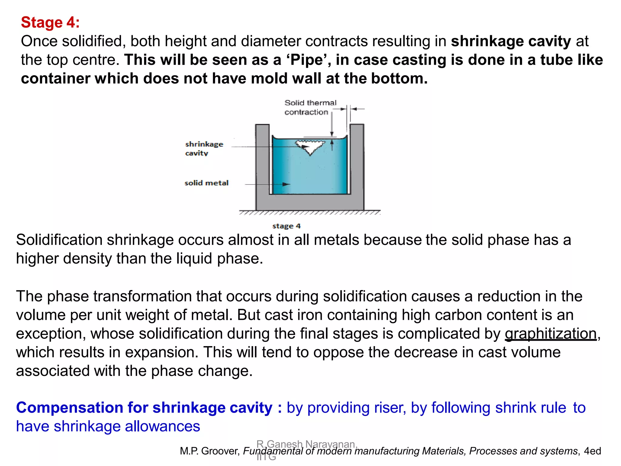 R.Ganesh Narayanan,
IITG
Stage 4:
Once solidified, both height and diameter contracts resulting in shrinkage cavity at
the top centre. This will be seen as a ‘Pipe’, in case casting is done in a tube like
container which does not have mold wall at the bottom.
Solidification shrinkage occurs almost in all metals because the solid phase has a
higher density than the liquid phase.
The phase transformation that occurs during solidification causes a reduction in the
volume per unit weight of metal. But cast iron containing high carbon content is an
exception, whose solidification during the final stages is complicated by graphitization,
which results in expansion. This will tend to oppose the decrease in cast volume
associated with the phase change.
Compensation for shrinkage cavity : by providing riser, by following shrink rule to
have shrinkage allowances
M.P. Groover, Fundamental of modern manufacturing Materials, Processes and systems, 4ed
 