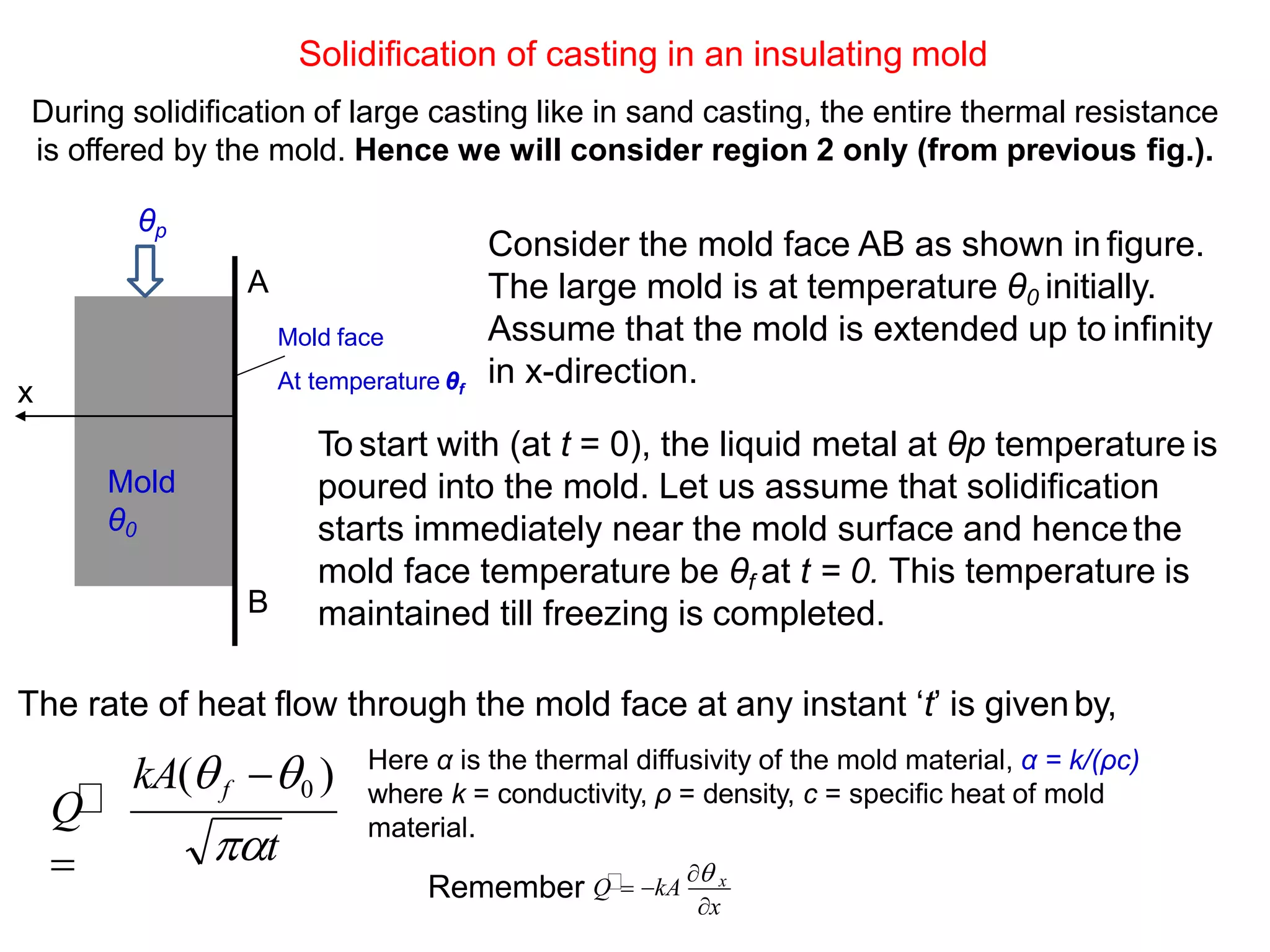 Solidification of casting in an insulating mold
During solidification of large casting like in sand casting, the entire thermal resistance
is offered by the mold. Hence we will consider region 2 only (from previous fig.).
Consider the mold face AB as shown in figure.
The large mold is at temperature θ0 initially.
Assume that the mold is extended up to infinity
in x-direction.
To start with (at t = 0), the liquid metal at θp temperature is
poured into the mold. Let us assume that solidification
starts immediately near the mold surface and hencethe
mold face temperature be θf at t = 0. This temperature is
maintained till freezing is completed.
The rate of heat flow through the mold face at any instant ‘t’ is givenby,
kA(f 0 )
t
Q

Here α is the thermal diffusivity of the mold material, α = k/(ρc)
where k = conductivity, ρ = density, c = specific heat of mold
material.
A
B
Mold face
At temperature θf
Mold
θ0
x
θp
x
Remember Q  kA
 x
 