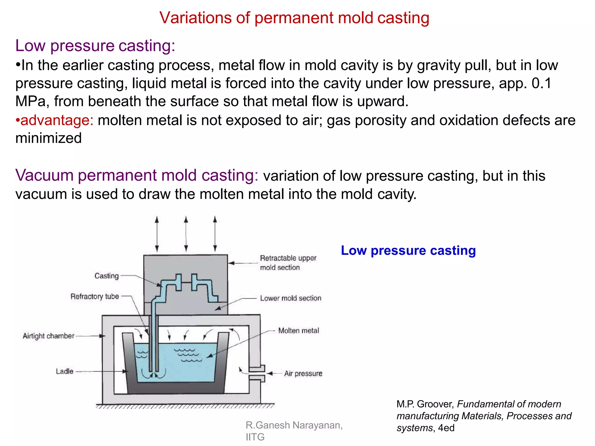 R.Ganesh Narayanan,
IITG
Variations of permanent mold casting
Low pressure casting:
•In the earlier casting process, metal flow in mold cavity is by gravity pull, but in low
pressure casting, liquid metal is forced into the cavity under low pressure, app. 0.1
MPa, from beneath the surface so that metal flow is upward.
•advantage: molten metal is not exposed to air; gas porosity and oxidation defects are
minimized
Vacuum permanent mold casting: variation of low pressure casting, but in this
vacuum is used to draw the molten metal into the mold cavity.
Low pressure casting
M.P. Groover, Fundamental of modern
manufacturing Materials, Processes and
systems, 4ed
 