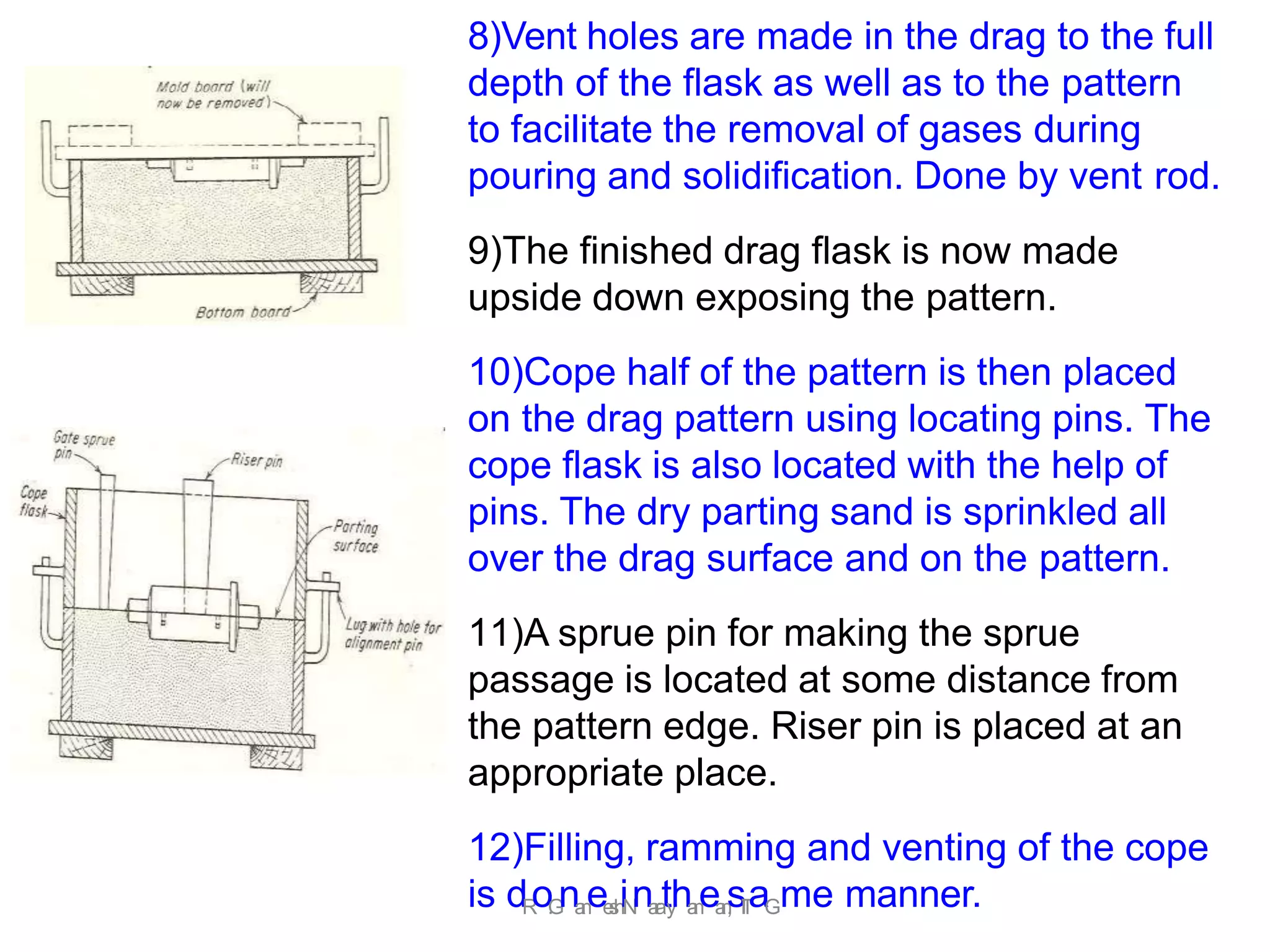 8)Vent holes are made in the drag to the full
depth of the flask as well as to the pattern
to facilitate the removal of gases during
pouring and solidification. Done by vent rod.
9)The finished drag flask is now made
upside down exposing the pattern.
10)Cope half of the pattern is then placed
on the drag pattern using locating pins. The
cope flask is also located with the help of
pins. The dry parting sand is sprinkled all
over the drag surface and on the pattern.
11)A sprue pin for making the sprue
passage is located at some distance from
the pattern edge. Riser pin is placed at an
appropriate place.
12)Filling, ramming and venting of the cope
is dR
o.
G
na
n
ee
s
h
iN
na
r
a
ty
ha
n
ea
n
,
sI
I
T
aGme manner.
 