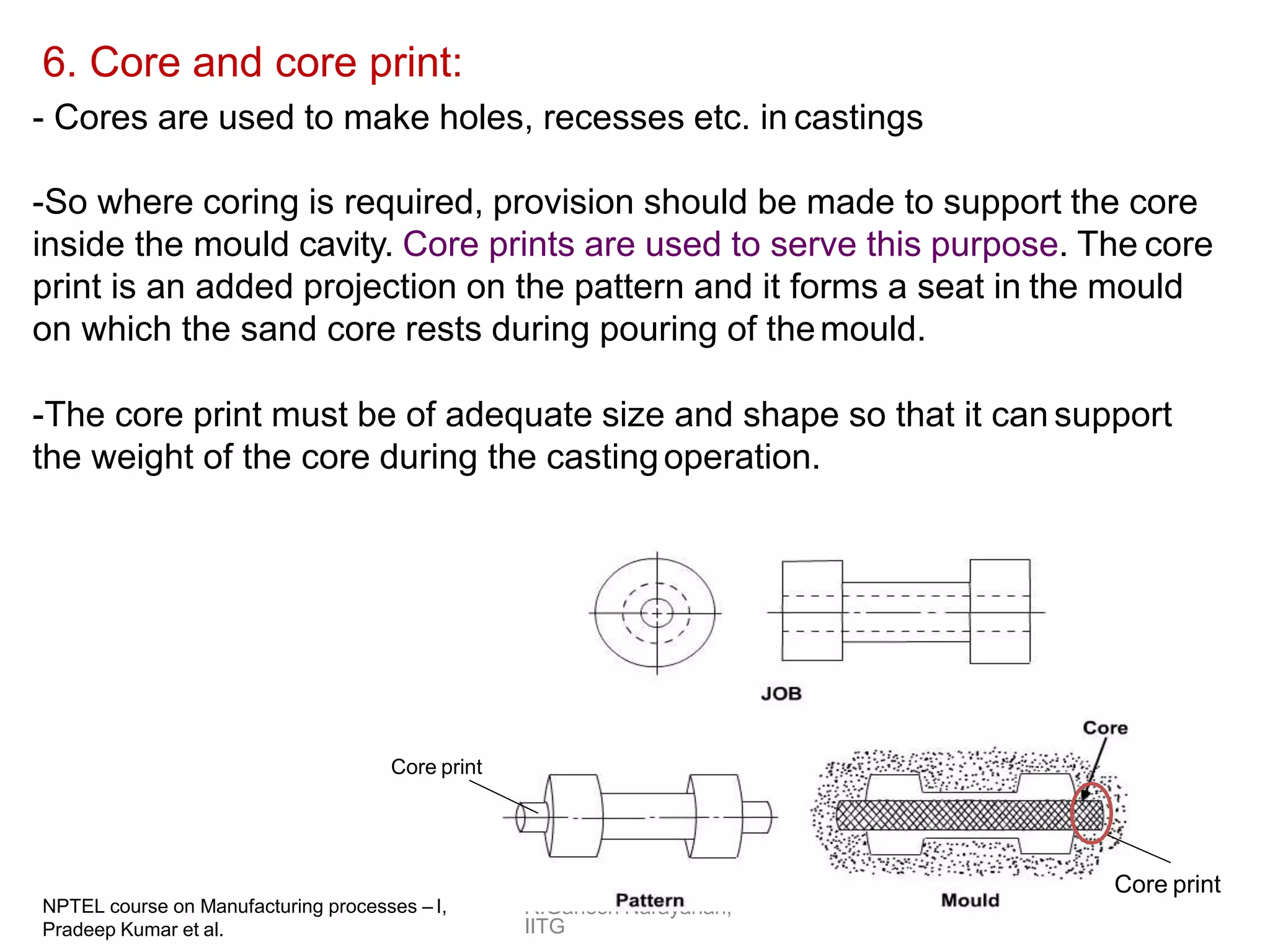 R.Ganesh Narayanan,
IITG
6. Core and core print:
- Cores are used to make holes, recesses etc. in castings
-So where coring is required, provision should be made to support the core
inside the mould cavity. Core prints are used to serve this purpose. The core
print is an added projection on the pattern and it forms a seat in the mould
on which the sand core rests during pouring of themould.
-The core print must be of adequate size and shape so that it can support
the weight of the core during the castingoperation.
NPTEL course on Manufacturing processes – I,
Pradeep Kumar et al.
Core print
Core print
 