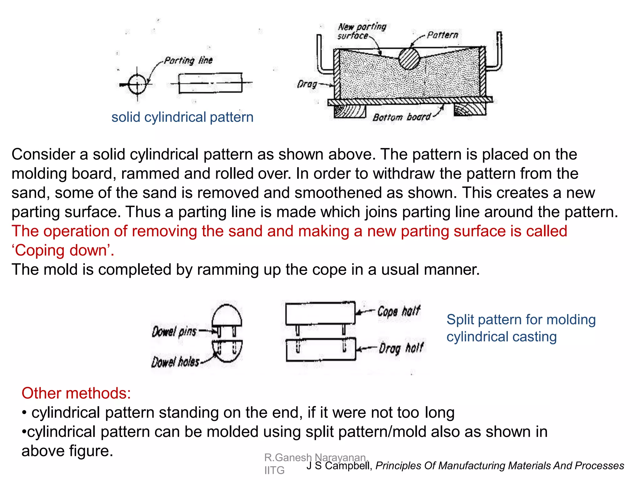 R.Ganesh Narayanan,
IITG J S Campbell, Principles Of Manufacturing Materials And Processes
solid cylindrical pattern
Consider a solid cylindrical pattern as shown above. The pattern is placed on the
molding board, rammed and rolled over. In order to withdraw the pattern from the
sand, some of the sand is removed and smoothened as shown. This creates a new
parting surface. Thus a parting line is made which joins parting line around the pattern.
The operation of removing the sand and making a new parting surface is called
‘Coping down’.
The mold is completed by ramming up the cope in a usual manner.
Split pattern for molding
cylindrical casting
Other methods:
• cylindrical pattern standing on the end, if it were not too long
•cylindrical pattern can be molded using split pattern/mold also as shown in
above figure.
 