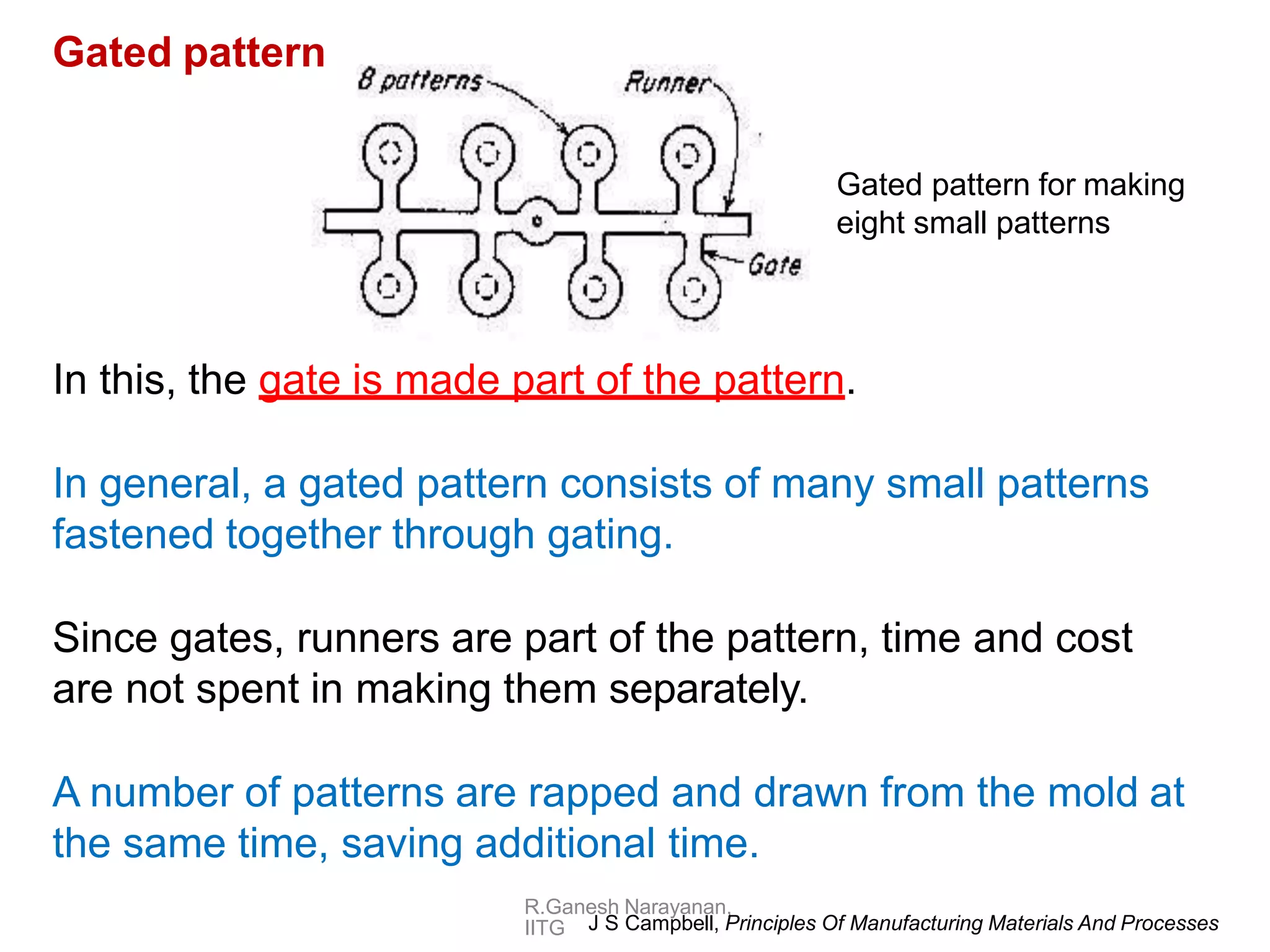 In this, the gate is made part of the pattern.
In general, a gated pattern consists of many small patterns
fastened together through gating.
Since gates, runners are part of the pattern, time and cost
are not spent in making them separately.
A number of patterns are rapped and drawn from the mold at
the same time, saving additional time.
R.Ganesh Narayanan,
IITG J S Campbell, Principles Of Manufacturing Materials And Processes
Gated pattern
Gated pattern for making
eight small patterns
 