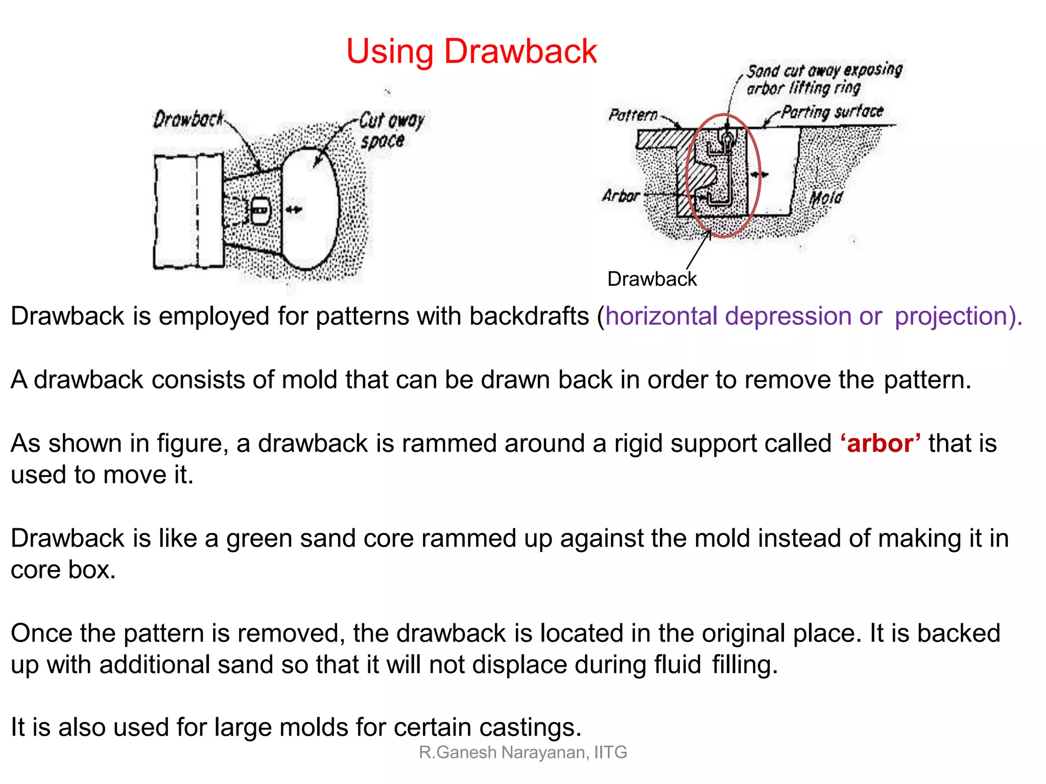 Using Drawback
Drawback
Drawback is employed for patterns with backdrafts (horizontal depression or projection).
A drawback consists of mold that can be drawn back in order to remove the pattern.
As shown in figure, a drawback is rammed around a rigid support called ‘arbor’ that is
used to move it.
Drawback is like a green sand core rammed up against the mold instead of making it in
core box.
Once the pattern is removed, the drawback is located in the original place. It is backed
up with additional sand so that it will not displace during fluid filling.
It is also used for large molds for certain castings.
R.Ganesh Narayanan, IITG
 