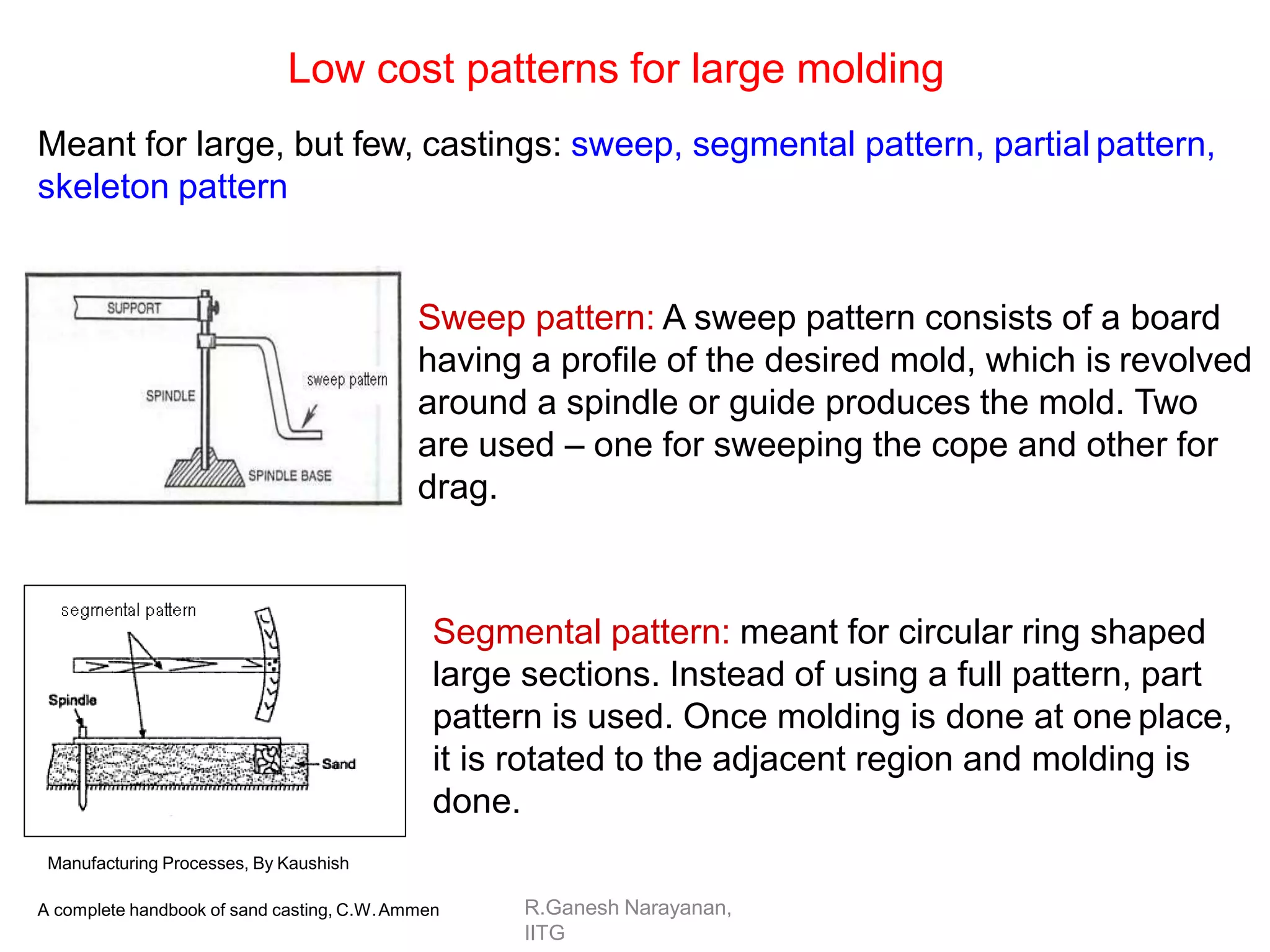 R.Ganesh Narayanan,
IITG
Low cost patterns for large molding
Meant for large, but few, castings: sweep, segmental pattern, partial pattern,
skeleton pattern
Sweep pattern: A sweep pattern consists of a board
having a profile of the desired mold, which is revolved
around a spindle or guide produces the mold. Two
are used – one for sweeping the cope and other for
drag.
Segmental pattern: meant for circular ring shaped
large sections. Instead of using a full pattern, part
pattern is used. Once molding is done at one place,
it is rotated to the adjacent region and molding is
done.
Manufacturing Processes, By Kaushish
A complete handbook of sand casting, C.W.Ammen
 