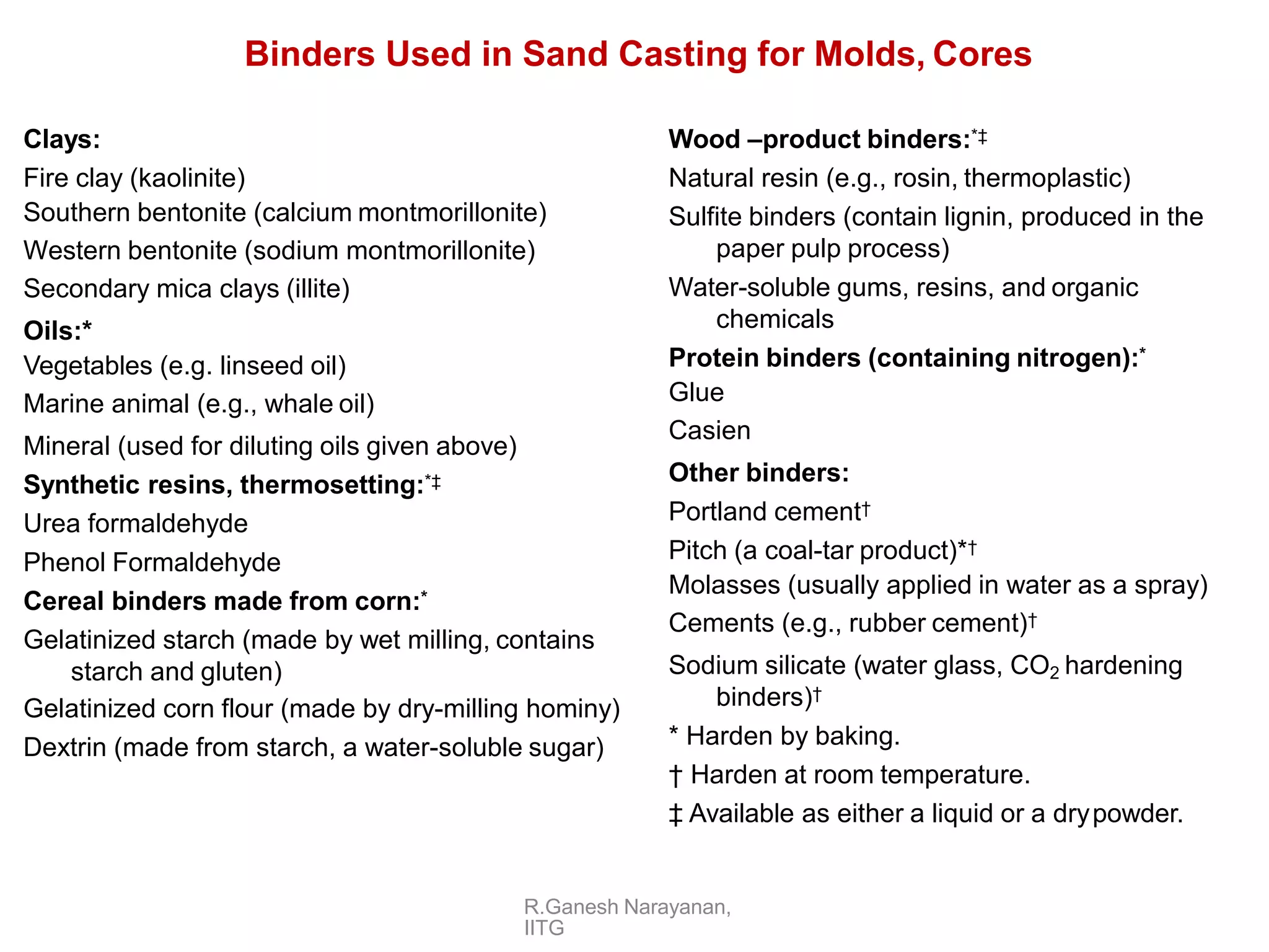 R.Ganesh Narayanan,
IITG
Clays:
Fire clay (kaolinite)
Southern bentonite (calcium montmorillonite)
Western bentonite (sodium montmorillonite)
Secondary mica clays (illite)
Oils:*
Vegetables (e.g. linseed oil)
Marine animal (e.g., whale oil)
Mineral (used for diluting oils given above)
Synthetic resins, thermosetting:*‡
Urea formaldehyde
Phenol Formaldehyde
Cereal binders made from corn:*
Gelatinized starch (made by wet milling, contains
starch and gluten)
Gelatinized corn flour (made by dry-milling hominy)
Dextrin (made from starch, a water-soluble sugar)
Binders Used in Sand Casting for Molds, Cores
Wood –product binders:*‡
Natural resin (e.g., rosin, thermoplastic)
Sulfite binders (contain lignin, produced in the
paper pulp process)
Water-soluble gums, resins, and organic
chemicals
Protein binders (containing nitrogen):*
Glue
Casien
Other binders:
Portland cement†
Pitch (a coal-tar product)*†
Molasses (usually applied in water as a spray)
Cements (e.g., rubber cement)†
Sodium silicate (water glass, CO2 hardening
binders)†
* Harden by baking.
† Harden at room temperature.
‡ Available as either a liquid or a drypowder.
 