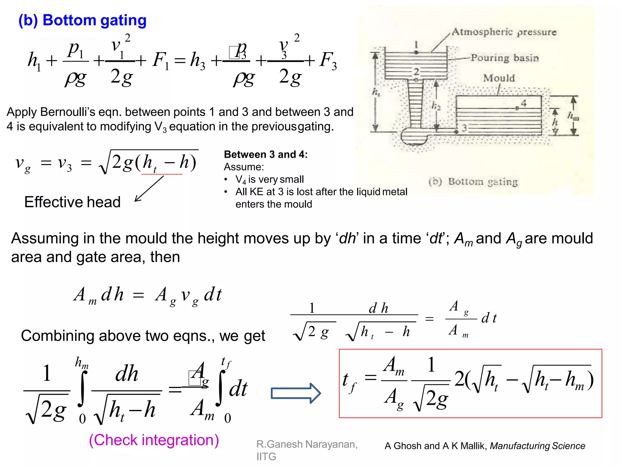 R.Ganesh Narayanan,
IITG
1
v 2
1
p
v 2
p
 1
 F1  h3 3
 3
 F3
g 2g
g 2g
h 
Apply Bernoulli’s eqn. between points 1 and 3 and between 3 and
4 is equivalent to modifying V3 equation in the previousgating.
Assuming in the mould the height moves up by ‘dh’ in a time ‘dt’; Am and Ag are mould
area and gate area, then
Am dh  Ag vg dt
Combining above two eqns., we get
d t
A m
A
1 d h
2 g h t  h
g

hm

0 ht h
tf
g
dt
Am
A
dh
2g 0
1 t
f
1
2g
A
t ht hm )
2( h 

Am
g
A Ghosh and A K Mallik, Manufacturing Science
(Check integration)
(b) Bottom gating
t
vg  v3  2g(h  h)
Effective head
Between 3 and 4:
Assume:
• V4 is very small
• All KE at 3 is lost after the liquid metal
enters the mould
 
