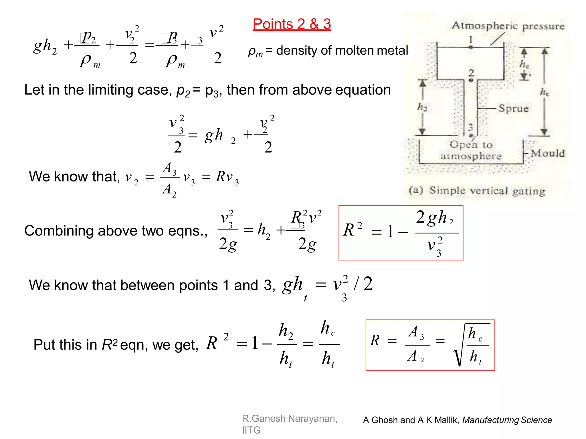 R.Ganesh Narayanan,
IITG
v 2
v2
2
p p
gh
m m
2
 2
3
 3
 2  2
Let in the limiting case, p2 = p3, then from above equation
2
2
2
v 2
v 2
 2
3
 gh
3
3
2
2
We know that, v
A

A3
v  Rv
Combining above two eqns.,
2g 2g
2
v2
R2
v2
3
 h 3
3
v2
2gh2
R 2
 1 
We know that between points 1 and 3, gh  v2
/ 2
t 3
Put this in R2 eqn, we get, R
ht ht
hc
h2
 1 
2 h c
ht
R 
A3

A 2
A Ghosh and A K Mallik, Manufacturing Science
Points 2 & 3
ρm = density of molten metal
 