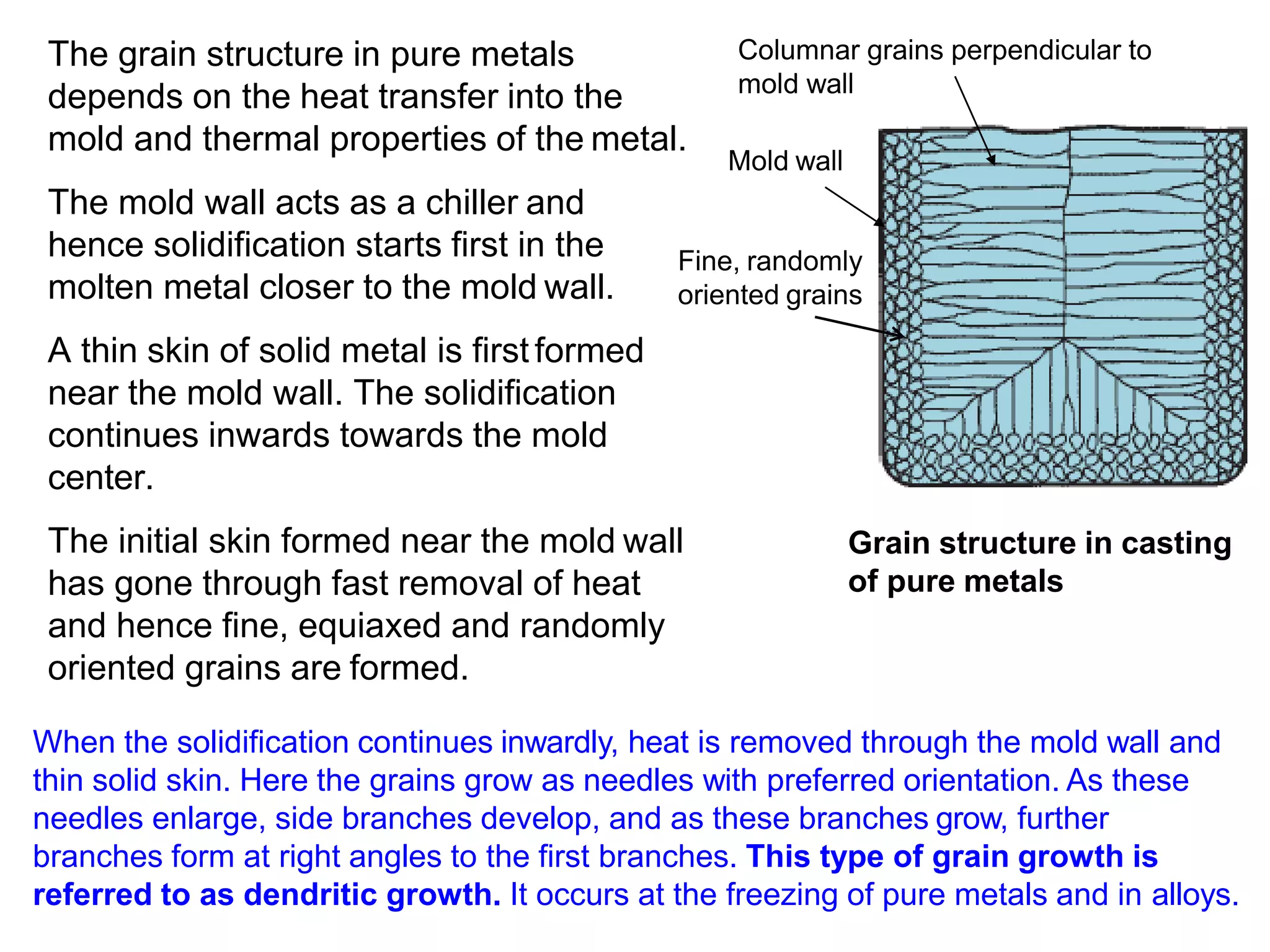 Grain structure in casting
of pure metals
Mold wall
Fine, randomly
oriented grains
Columnar grains perpendicular to
mold wall
The grain structure in pure metals
depends on the heat transfer into the
mold and thermal properties of the metal.
The mold wall acts as a chiller and
hence solidification starts first in the
molten metal closer to the mold wall.
A thin skin of solid metal is first formed
near the mold wall. The solidification
continues inwards towards the mold
center.
The initial skin formed near the mold wall
has gone through fast removal of heat
and hence fine, equiaxed and randomly
oriented grains are formed.
When the solidification continues inwardly, heat is removed through the mold wall and
thin solid skin. Here the grains grow as needles with preferred orientation. As these
needles enlarge, side branches develop, and as these branches grow, further
branches form at right angles to the first branches. This type of grain growth is
referred to as dendritic growth. It occurs at the freezing of pure metals and in alloys.
 