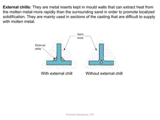 R.Ganesh Narayanan, IITG
External chills: They are metal inserts kept in mould walls that can extract heat from
the molten metal more rapidly than the surrounding sand in order to promote localized
solidification. They are mainly used in sections of the casting that are difficult to supply
with molten metal.
With external chill Without external chill
 