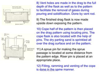 R.Ganesh Narayanan, IITG
8) Vent holes are made in the drag to the full
depth of the flask as well as to the pattern
to facilitate the removal of gases during
pouring and solidification. Done by vent rod.
9) The finished drag flask is now made
upside down exposing the pattern.
10) Cope half of the pattern is then placed
on the drag pattern using locating pins. The
cope flask is also located with the help of
pins. The dry parting sand is sprinkled all
over the drag surface and on the pattern.
11) A sprue pin for making the sprue
passage is located at some distance from
the pattern edge. Riser pin is placed at an
appropriate place.
12) Filling, ramming and venting of the cope
is done in the same manner.
 