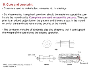 R.Ganesh Narayanan, IITG
6. Core and core print:
- Cores are used to make holes, recesses etc. in castings
- So where coring is required, provision should be made to support the core
inside the mould cavity. Core prints are used to serve this purpose. The core
print is an added projection on the pattern and it forms a seat in the mould
on which the sand core rests during pouring of the mould.
- The core print must be of adequate size and shape so that it can support
the weight of the core during the casting operation.
NPTEL course on Manufacturing processes – I,
Pradeep Kumar et al.
Core print
Core print
 