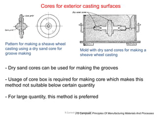 R.Ganesh Narayanan, IITG
J S Campbell, Principles Of Manufacturing Materials And Processes
Cores for exterior casting surfaces
Pattern for making a sheave wheel
casting using a dry sand core for
groove making
Mold with dry sand cores for making a
sheave wheel casting
- Dry sand cores can be used for making the grooves
- Usage of core box is required for making core which makes this
method not suitable below certain quantity
- For large quantity, this method is preferred
 