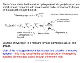 R.Ganesh Narayanan, IITG
Sievert’s law states that the amt. of hydrogen (and nitrogen) dissolved in a
metal varies in proportion with square root of partial pressure of hydrogen
in the atmosphere over the melt.







 



RT
G
P
P
K
wt
N N
N
eq
eq
0
1
exp
.
%)
( 2
2
Std. free energy for
nitrogen in liquid iron
Gas constant Temperature (K)
Partial pressure of N2
in atmosphere over
the melt
Sources of hydrogen in a melt are furnace dampness, air, oil and
grease.
Most of the hydrogen removal techniques are based on the above
equation – this is by reducing the partial pressure of hydrogen by
bubbling dry insoluble gases through the molten melt.
2
present
hydrogen
% H
p
K

A Ghosh and A K Mallik, Manufacturing Science
 