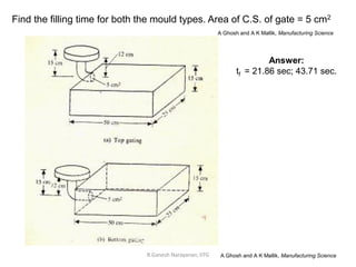 R.Ganesh Narayanan, IITG
Find the filling time for both the mould types. Area of C.S. of gate = 5 cm2
A Ghosh and A K Mallik, Manufacturing Science
Answer:
tf = 21.86 sec; 43.71 sec.
A Ghosh and A K Mallik, Manufacturing Science
 