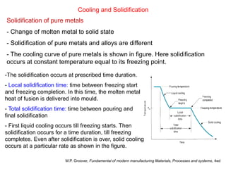 Cooling and Solidification
Solidification of pure metals
- Change of molten metal to solid state
- Solidification of pure metals and alloys are different
- The cooling curve of pure metals is shown in figure. Here solidification
occurs at constant temperature equal to its freezing point.
-The solidification occurs at prescribed time duration.
- Local solidification time: time between freezing start
and freezing completion. In this time, the molten metal
heat of fusion is delivered into mould.
- Total solidification time: time between pouring and
final solidification
- First liquid cooling occurs till freezing starts. Then
solidification occurs for a time duration, till freezing
completes. Even after solidification is over, solid cooling
occurs at a particular rate as shown in the figure.
M.P. Groover, Fundamental of modern manufacturing Materials, Processes and systems, 4ed
 
