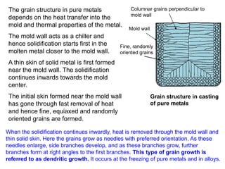 Grain structure in casting
of pure metals
Mold wall
Fine, randomly
oriented grains
Columnar grains perpendicular to
mold wall
The grain structure in pure metals
depends on the heat transfer into the
mold and thermal properties of the metal.
The mold wall acts as a chiller and
hence solidification starts first in the
molten metal closer to the mold wall.
A thin skin of solid metal is first formed
near the mold wall. The solidification
continues inwards towards the mold
center.
The initial skin formed near the mold wall
has gone through fast removal of heat
and hence fine, equiaxed and randomly
oriented grains are formed.
When the solidification continues inwardly, heat is removed through the mold wall and
thin solid skin. Here the grains grow as needles with preferred orientation. As these
needles enlarge, side branches develop, and as these branches grow, further
branches form at right angles to the first branches. This type of grain growth is
referred to as dendritic growth. It occurs at the freezing of pure metals and in alloys.
 